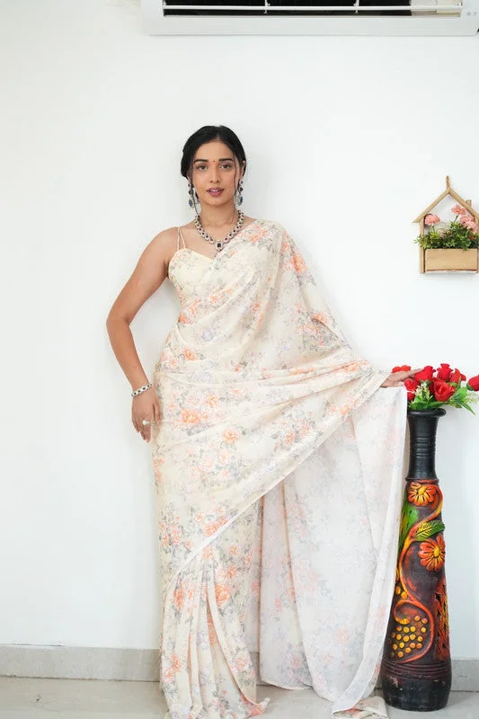 Malishka Export Georgette Silk Printed Ready To Wear Saree With Blouse Piece - Orange Feminine Pastel Blouse Malishka Export Georgette Silk Printed Ready To Wear Saree With Blouse Piece - Orange Feminine Pastel Blouse