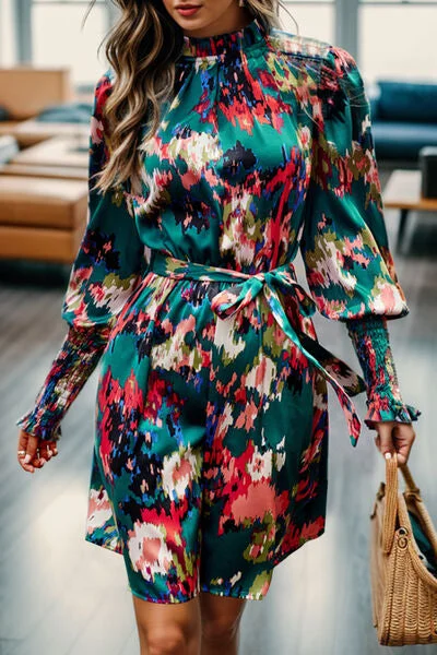 Printed Tied Lantern Sleeve Mini Dress Cozy Ribbed Mini Dress