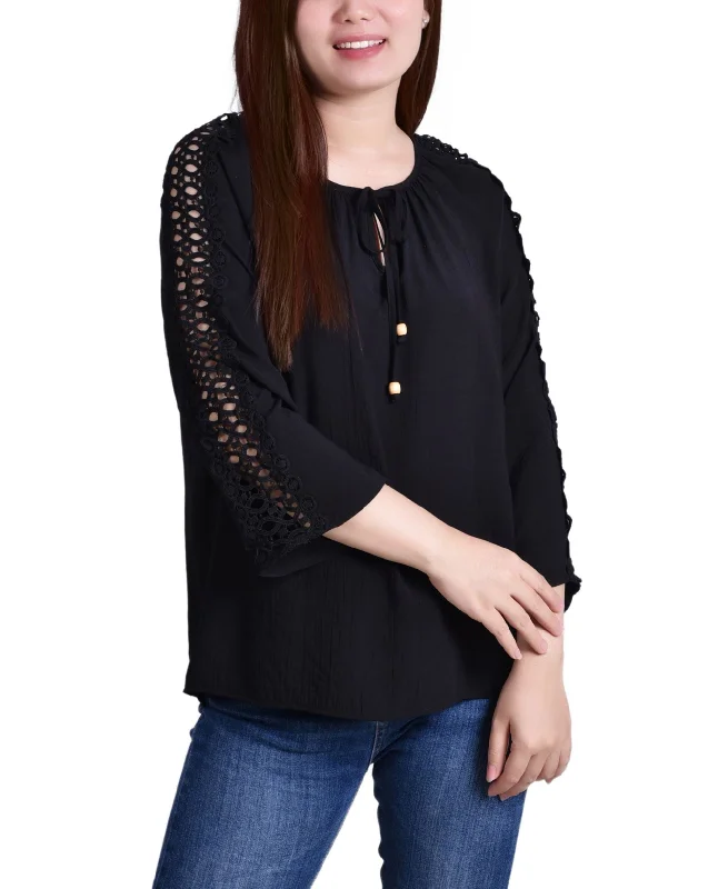 NY Collection Petite Crochet Detail 3/4 Sleeve Blouse Feminine Pastel Blouse