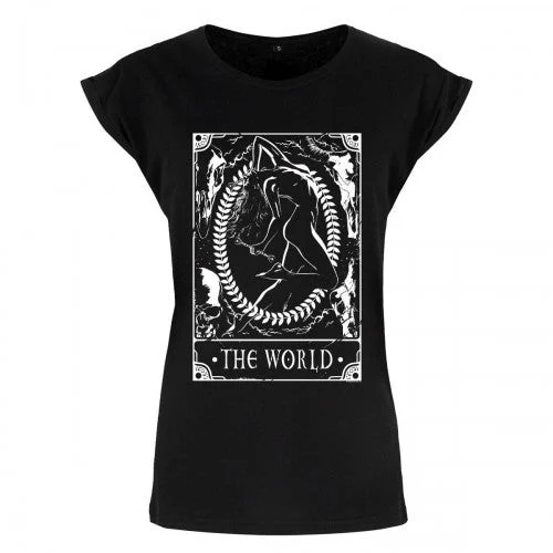 Deadly Tarot Womens/Ladies The World T Shirt-- Hooded Caped Shawl Collar