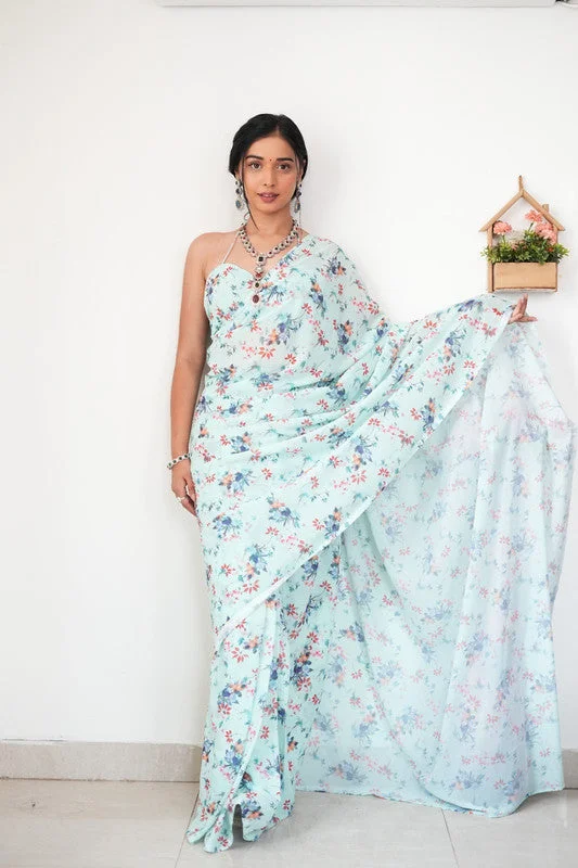 Malishka Export Georgette Silk Printed Ready To Wear Saree With Blouse Piece - Sky Chic Sleeveless Blouse Malishka Export Georgette Silk Printed Ready To Wear Saree With Blouse Piece - Sky Chic Sleeveless Blouse