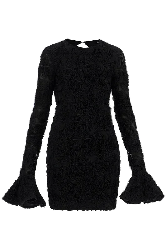 Black Mini Dress In Recycled Fabric With 3d Floral Texture - Black Trendy Bodycon Mini Dress Black Mini Dress In Recycled Fabric With 3d Floral Texture - Black Trendy Bodycon Mini Dress