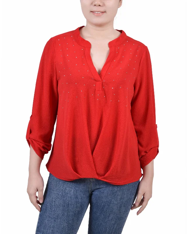 NY Collection Petite 3/4 Sleeve Mandarin Collar Blouse With Front Pleats Sheer Sleeve Blouse
