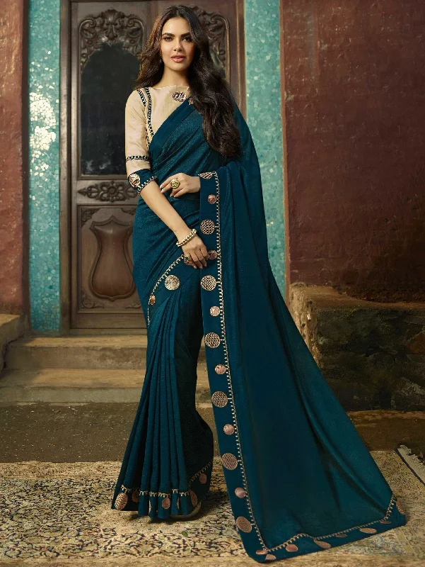 Blue Rangoli Silk Saree With Blouse Piece Balloon Sleeve Blouse