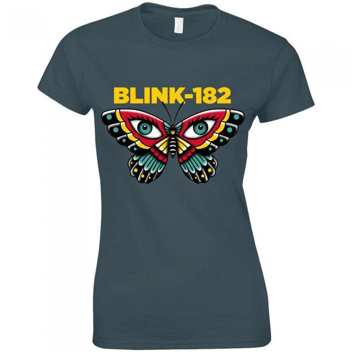 Blink 182 Womens/Ladies Butterfly Heather T-Shirt-- Rayon Velvet Corduroy