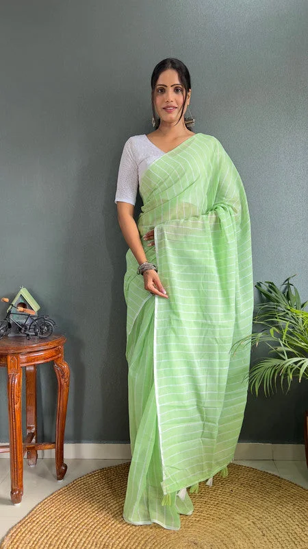 Malishka Export Cotton Striped Ready To Wear Saree With Blouse Piece - Parrot Embellished Collar Blouse Malishka Export Cotton Striped Ready To Wear Saree With Blouse Piece - Parrot Embellished Collar Blouse