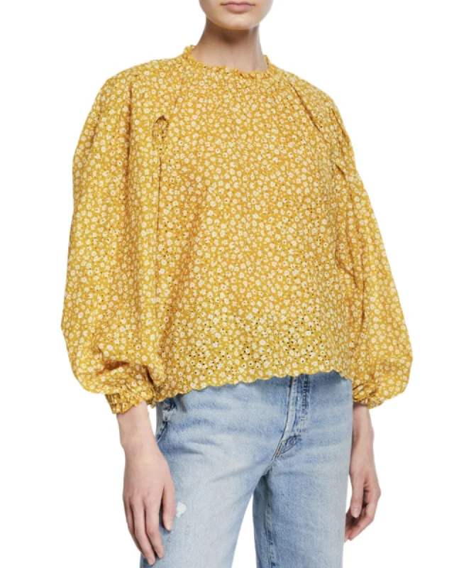 Yellow Floral Eyelet Blouse Double-Layered Blouse