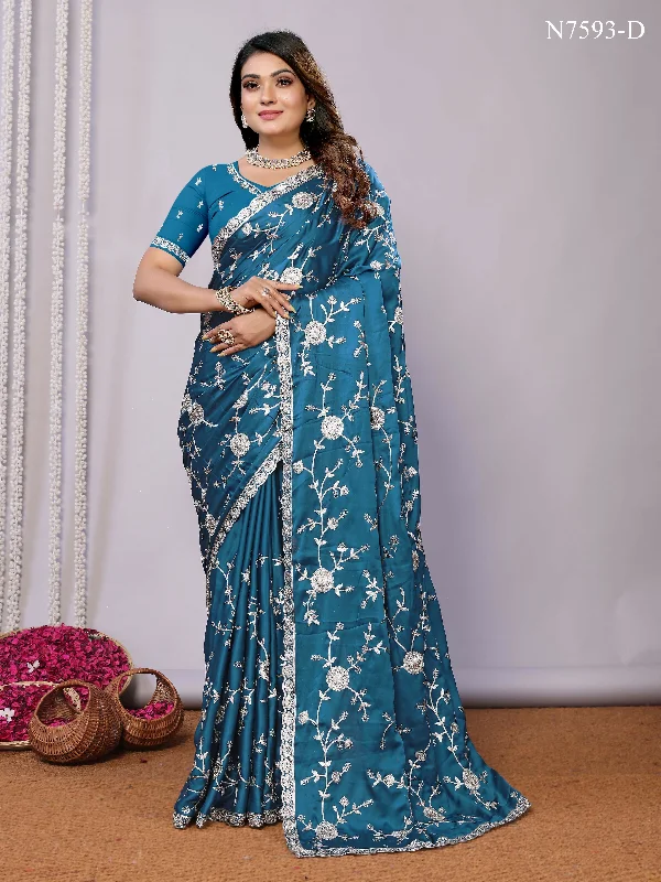 Blue Pure Satin Embroidered Saree With Stitched Blouse - Nimaya Kaksha Pleated Collar Blouse Blue Pure Satin Embroidered Saree With Stitched Blouse - Nimaya Kaksha Pleated Collar Blouse