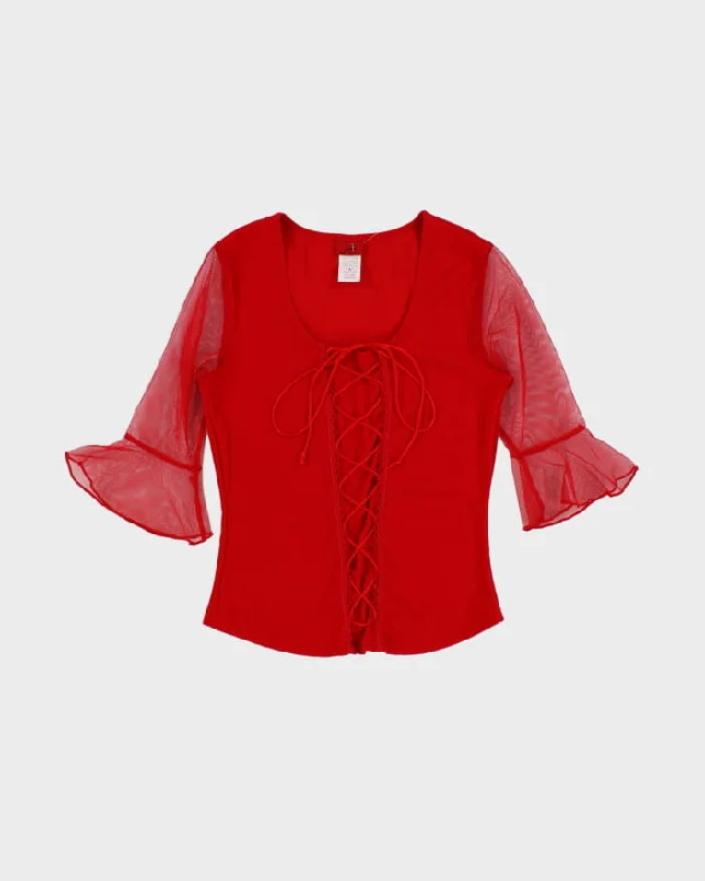 Vintage 90s Red Lace Front Blouse - S Embroidered Cotton Blouse