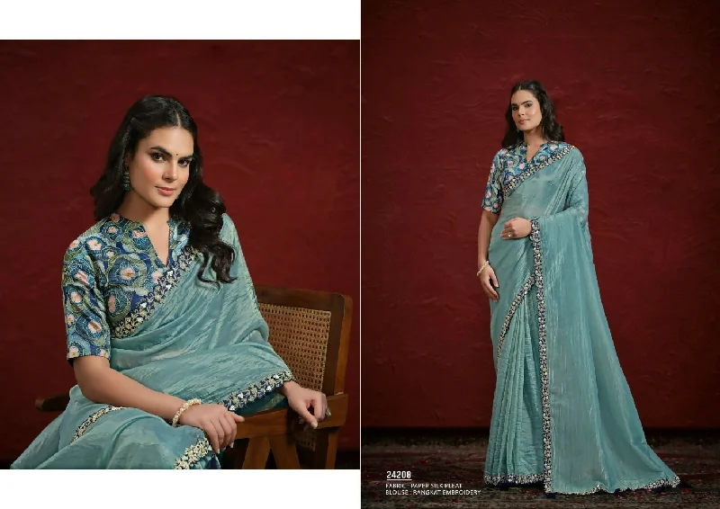 Sea Green Paper Silk Pleat Moti with Handwork Saree with Stitched Blouse - Mohmanthan Aaina Relaxed Fit Blouse Sea Green Paper Silk Pleat Moti with Handwork Saree with Stitched Blouse - Mohmanthan Aaina Relaxed Fit Blouse