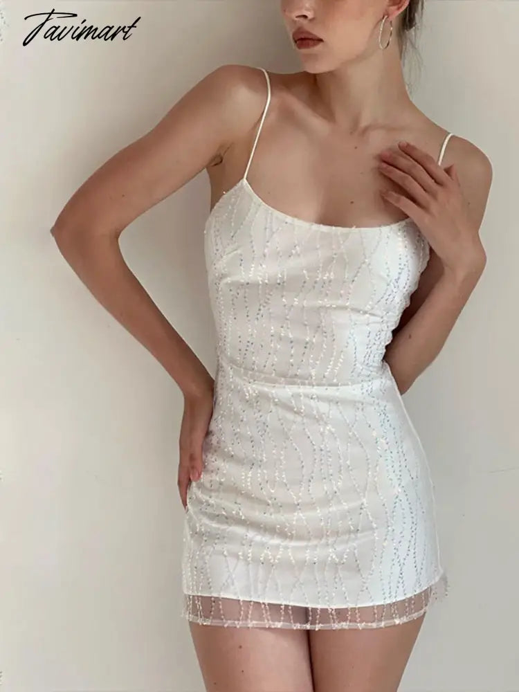 Tavimart High Mini Dresses One Word Neckline Night Club Outfit Sequins Sexy Short Dresses Daring Sling Slip Dress Hip Wrap Fashion Mesh Elegant Satin Mini Dress