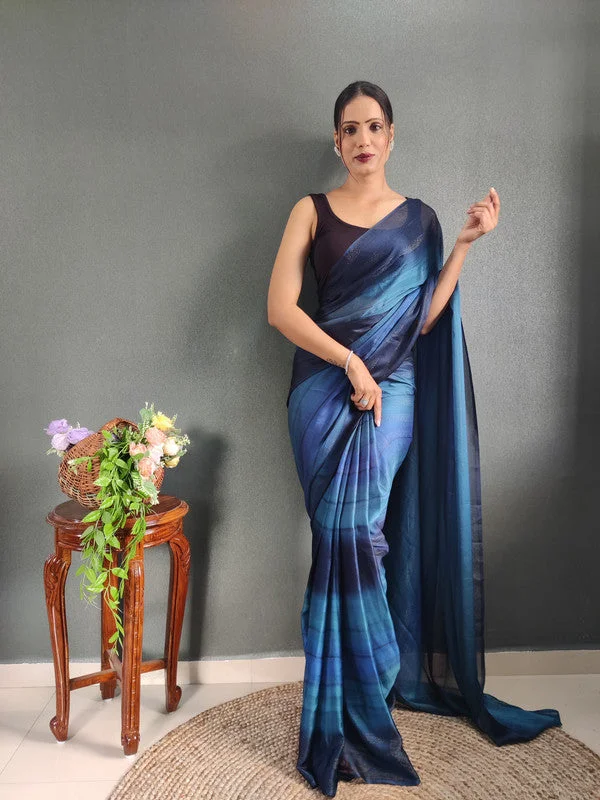 Malishka Export Georgette Silk Printed Ready To Wear Saree With Blouse Piece - Navy Satin Bow Blouse Malishka Export Georgette Silk Printed Ready To Wear Saree With Blouse Piece - Navy Satin Bow Blouse