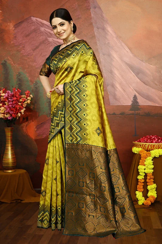Malishka Export Cotton Silk Woven Ready To Wear Saree With Blouse Piece - Yellow Peter Pan Collar Blouse Malishka Export Cotton Silk Woven Ready To Wear Saree With Blouse Piece - Yellow Peter Pan Collar Blouse