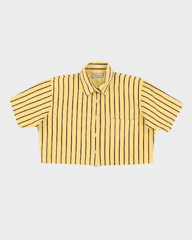 Vintage 1990s Yellow Striped Cropped Blouse - M Floral Chiffon Blouse