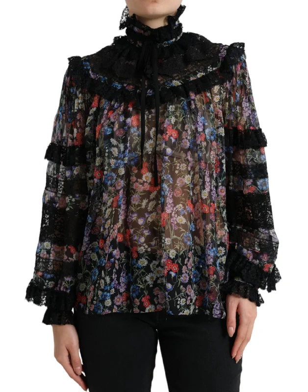 Dolce & Gabbana Elegant Floral Silk Blouse with Lace Women's Trim Loose Oversized Blouse