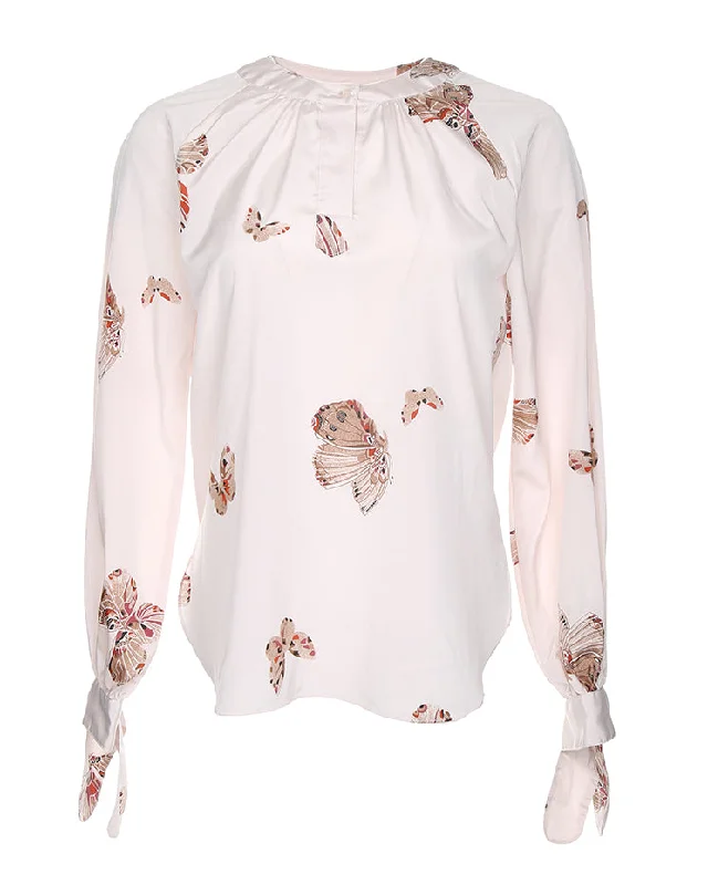1990's Butterfly Print Long Sleeve Blouse - S Off-Shoulder Wrap Blouse