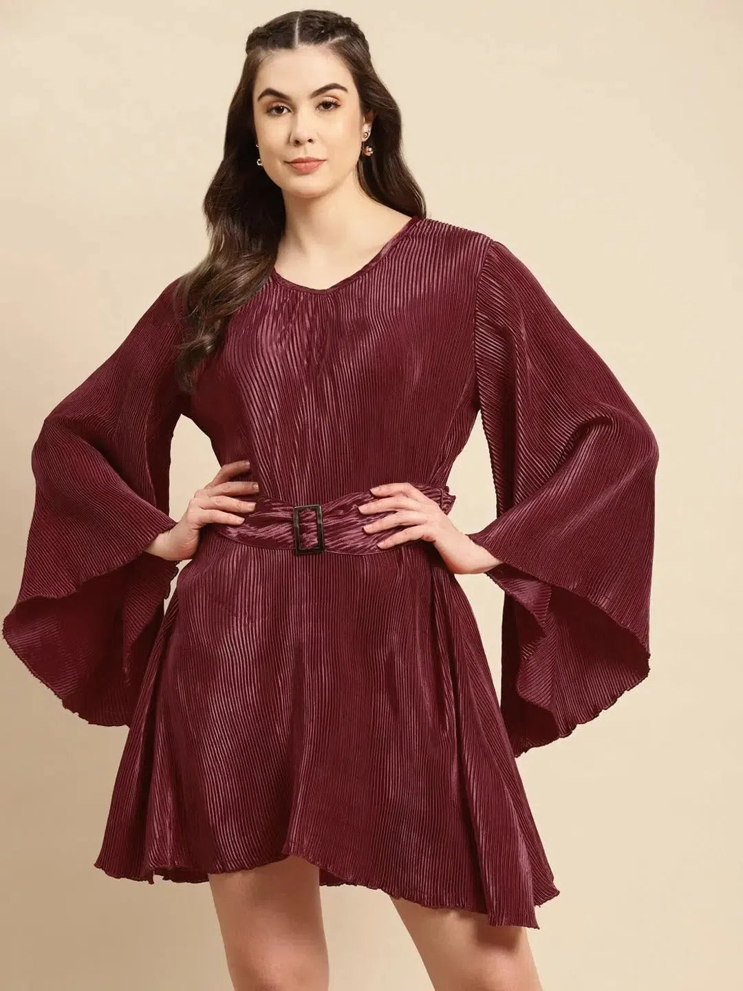 Flared mini dress with belt in Maroon Trendy Cut-Out Mini Dress