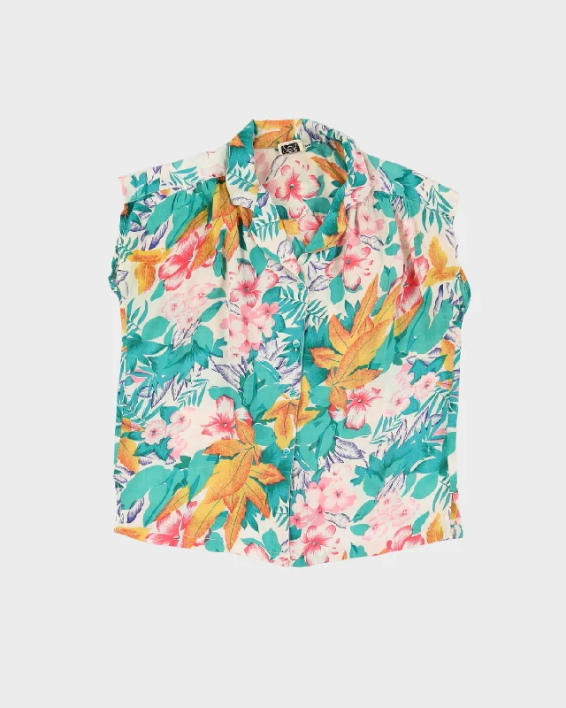 1990s Green Patterned Short Sleeve Blouse - L Delicate Pleat Blouse