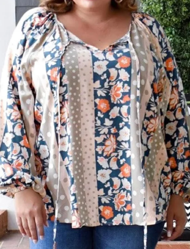 Multicolor Plus Size Mixed Print Split Neck Blouse Oversized Silk Blouse
