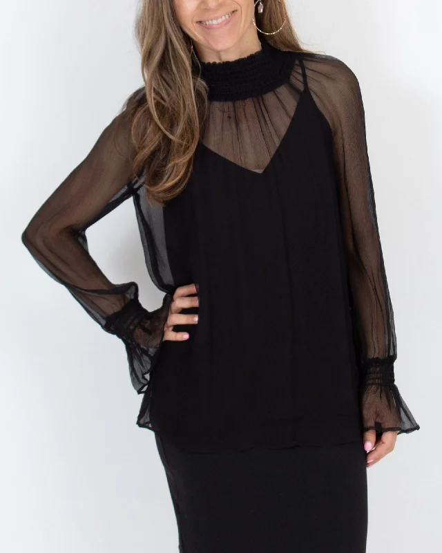 Black Smocked Turtleneck Blouse Elegant Semi-Sheer Blouse