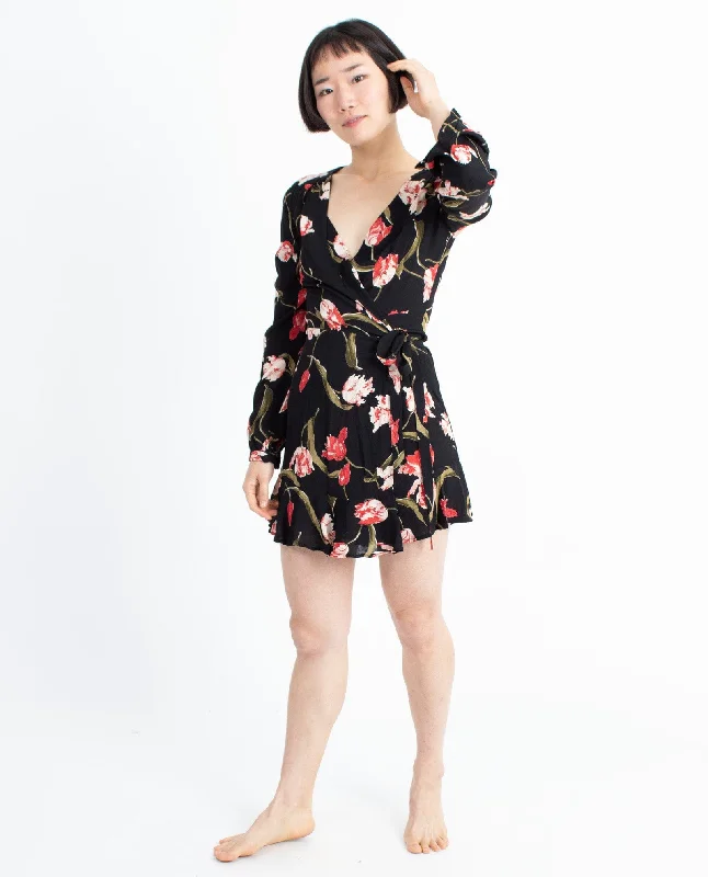 Black Floral Wrap Mini Dress Elegant Lace Mini Dress