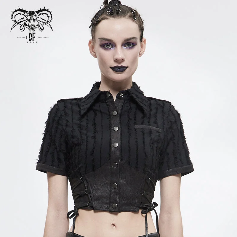SHT065 Vertical Tattered Military Uniform Short Blouse Chic Off-Shoulder Blouse