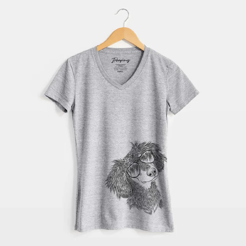 Aviator Bailey the Long Haired Dachshund - Women's V-neck Shirt-- Satin Blend Silk Blend Wool Blend Aviator Bailey the Long Haired Dachshund - Women's V-neck Shirt-- Satin Blend Silk Blend Wool Blend