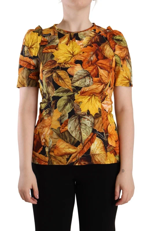 Dolce & Gabbana Elegant Round Neck Leaf Print Women's Blouse Stretchy Fitted Blouse