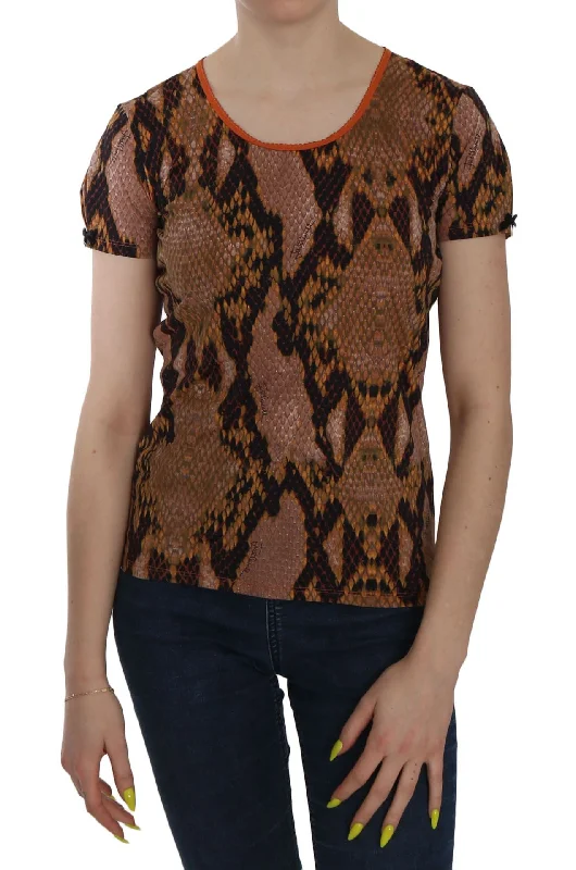 Just Cavalli Alluring Brown Snake Skin Pattern Women's Blouse Semi-Sheer Blouse
