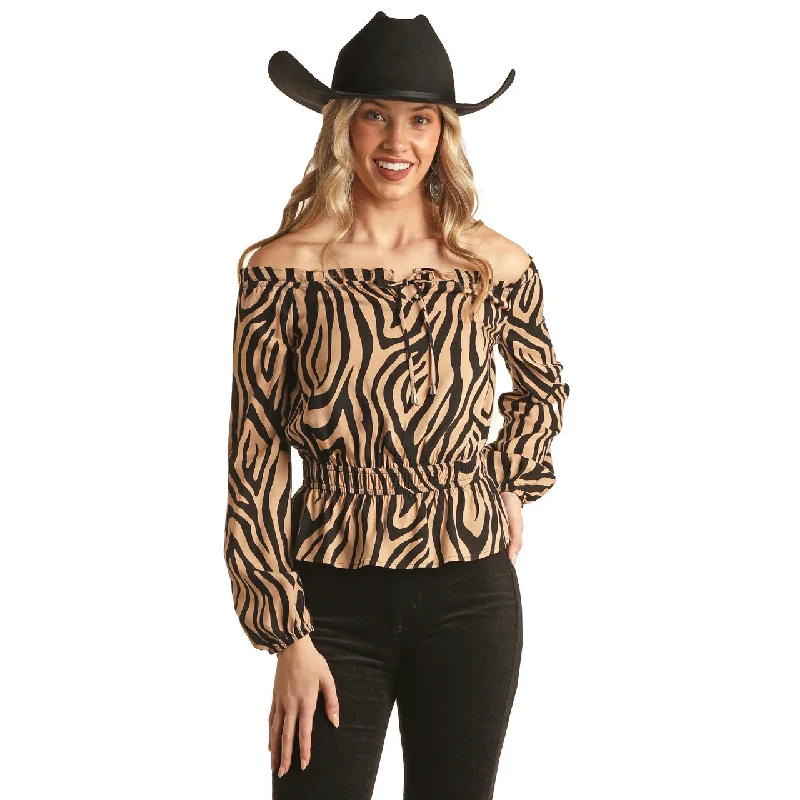 Rock & Roll Denim Ladies Zebra Print Off The Shoulder Blouse BW52T02751 Soft Pastel Blouse Rock & Roll Denim Ladies Zebra Print Off The Shoulder Blouse BW52T02751 Soft Pastel Blouse