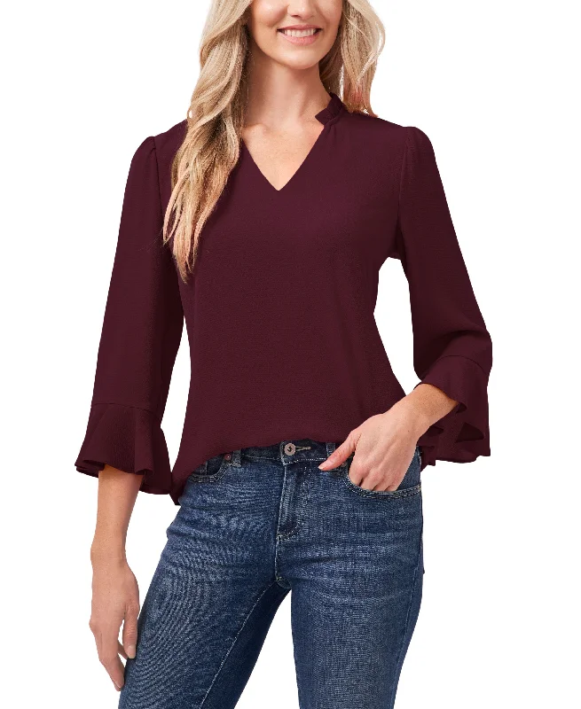 Women's 3/4 Sleeve Ruffle-Sleeve V-Neck Blouse Feminine Tie Blouse