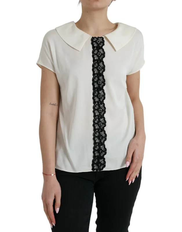 Dolce & Gabbana Elegant Off-White Lace-Trim Silk Women's Blouse Floral Chiffon Blouse Dolce & Gabbana Elegant Off-White Lace-Trim Silk Women's Blouse Floral Chiffon Blouse