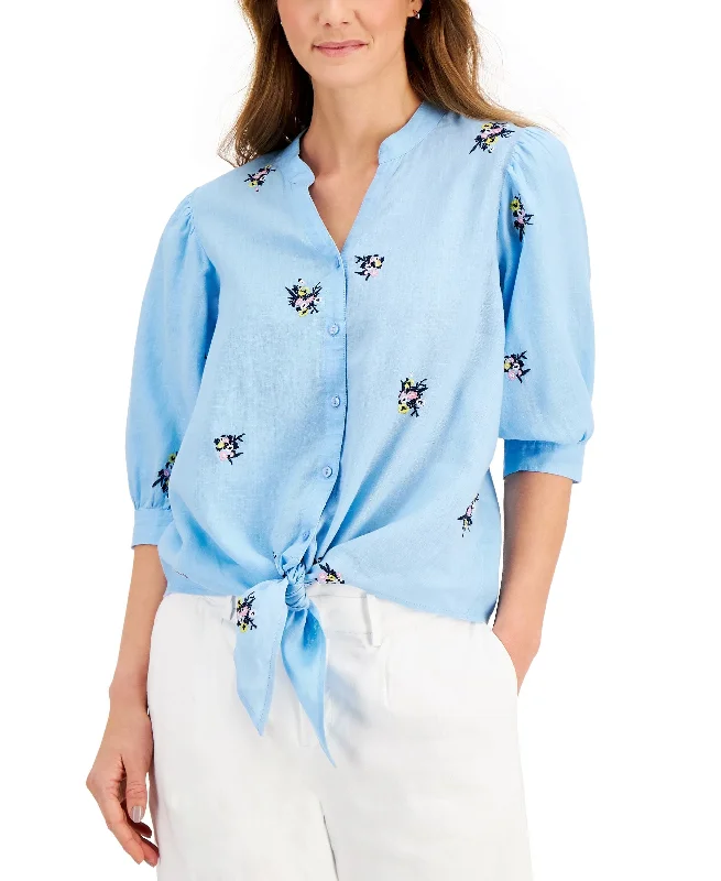 Charter Club Linen Embroidered 3/4 Sleeve Blouse Romantic Lace Blouse