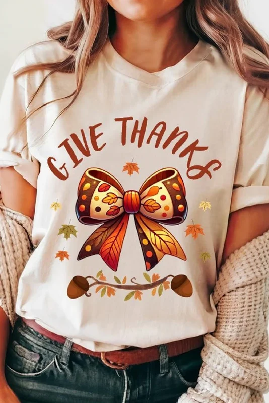 White GIVE THANKS Bowknot Graphic Cuffed Sleeve T Shirt-- Silk Blend Satin Velvet