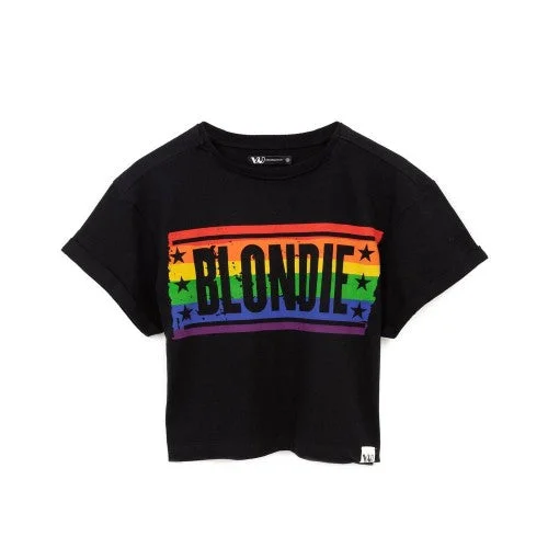 Blondie Womens/Ladies Rainbow Crop T-Shirt-- Sequined Glittery Shiny