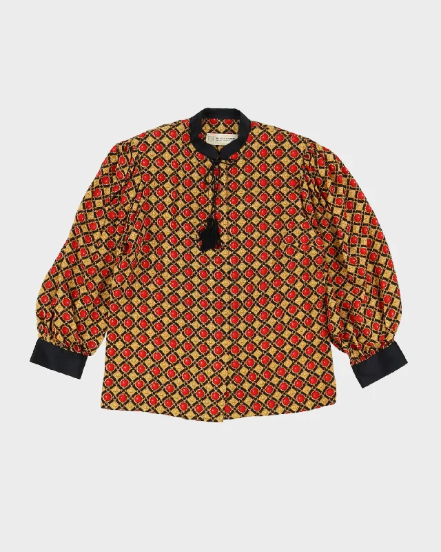 1990s Yellow And Red Patterned Blouse - S Satin Drape Blouse