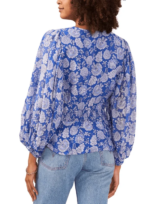 Blue Bubble Sleeve Flutter Blouse Drape Neck Blouse