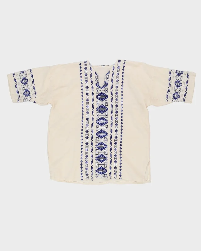 Vintage White With Blue Woven Pattern Blouse - L Modern Oversized Blouse