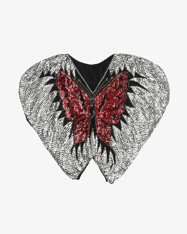 Butterfly Pattern Black / Red / Silver Sequinned Party Blouse - L Peter Pan Collar Blouse