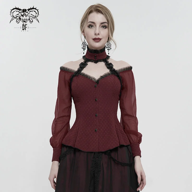 SHT09502 Red Off shoulder Lolita blouse Asymmetric Hem Blouse