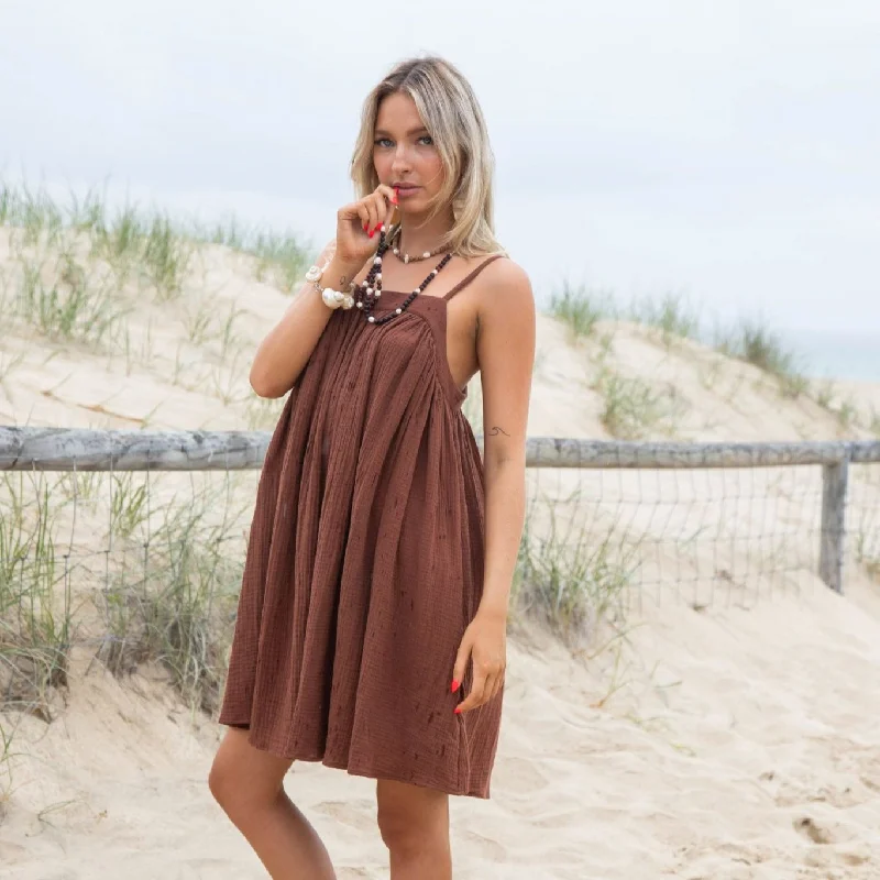Bay Mini Dress - Brown Elegant Satin Mini Dress