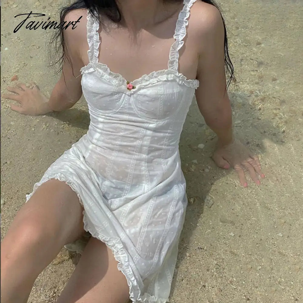 Tavimart Elegant White Sleeveless Suspender Frilly Girlish Style Mini Dress Romantic Twill Neckline Wrap Hip Skirt Women's Holiday Outfit Fashionable Summer Mini Dress Tavimart Elegant White Sleeveless Suspender Frilly Girlish Style Mini Dress Romantic Twill Neckline Wrap Hip Skirt Women's Holiday Outfit Fashionable Summer Mini Dress