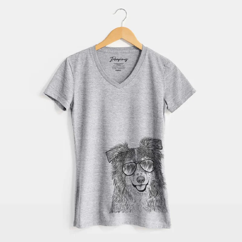 Aviator Aushe the Australian Shepherd - Women's V-neck Shirt-- Zippered Front Buttoned Front Snap Front