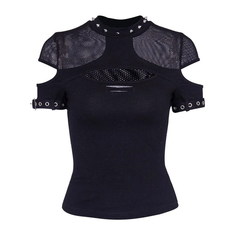 Rosetic Women T shirts Casual Punk Gothic Chic Summer Slim Mesh Hole Rivet Sexy Club Black OL Hip Hop Female Ladies Goth Tops-- Boxy Fit Fitted Loose