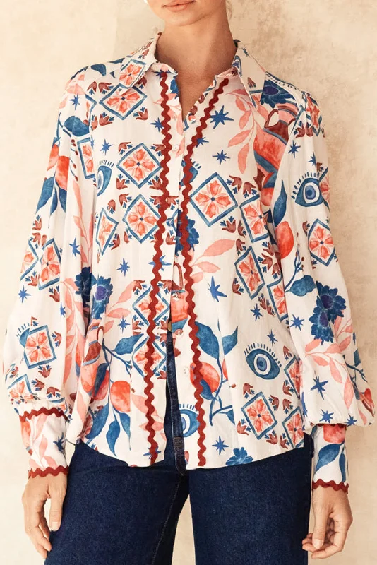Multicolour Western Printed Ric Rac Bishop Sleeve Button Up Shirt-- Zippered Front Buttoned Front Snap Front Multicolour Western Printed Ric Rac Bishop Sleeve Button Up Shirt-- Zippered Front Buttoned Front Snap Front
