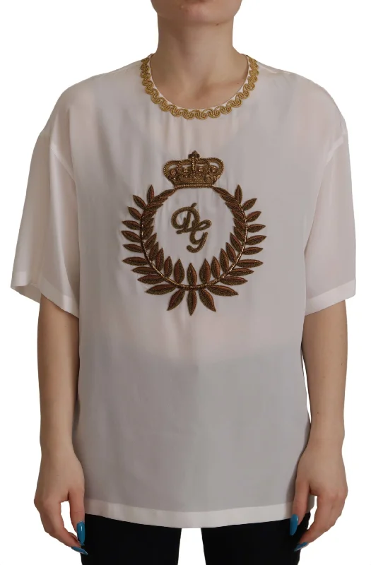 Dolce & Gabbana Elegant Silk Blouse with Gold Crown Women's Embroidery Puff Sleeve Blouse