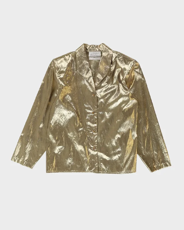 1990s Gold Long Sleeve Blouse - M Asymmetric Hem Blouse