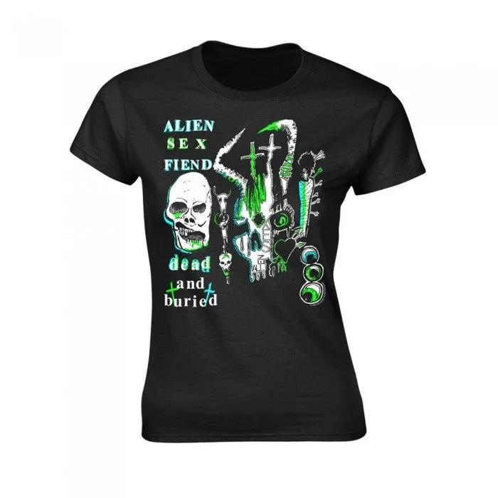 Alien Sex Fiend Womens/Ladies Dead And Buried Skinny T-Shirt-- Solid Print Embellished Alien Sex Fiend Womens/Ladies Dead And Buried Skinny T-Shirt-- Solid Print Embellished
