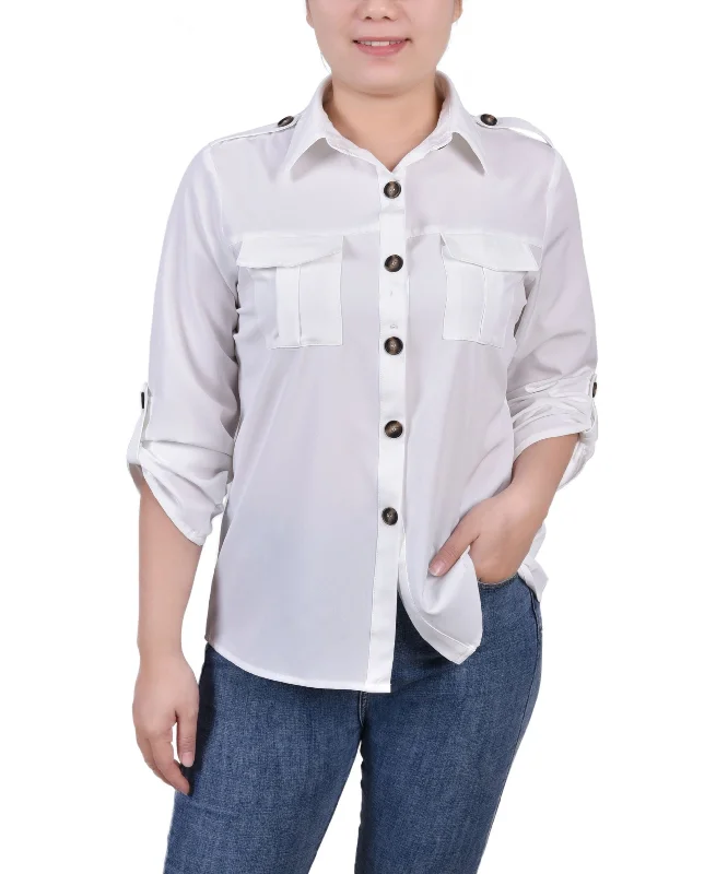 Petite 3/4 Sleeve Roll Tab Utility Blouse Silky Tunic Blouse