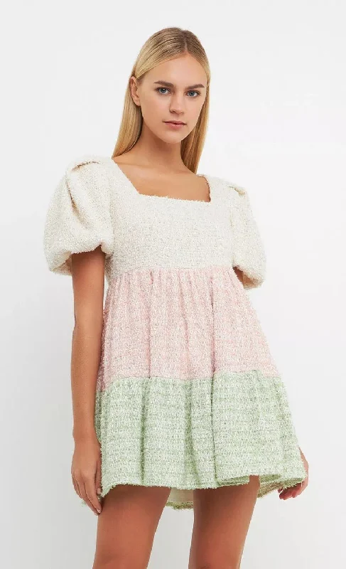 Color Block Tweed Mini Dress Fashionable Mini Dress with Pockets